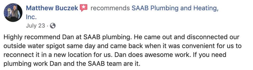 SAAB plumbing and heating inc. in Ashland, Massachusetts FaceBook Review