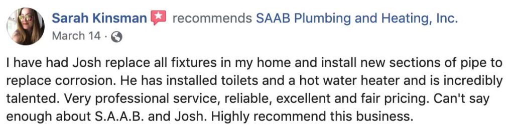 SAAB plumbing and heating inc. in Ashland, Massachusetts FaceBook Review